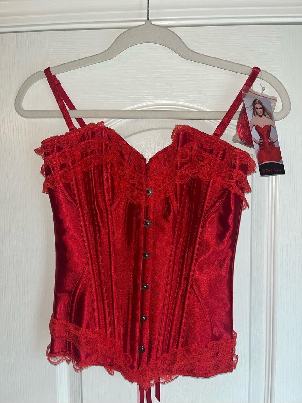 Lace-Trim Red Satin Corset Bustier - Women's Shapewear